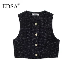 EDSA Women Textured Cropped Waistcoat Round Neck Sleeveless Metallic Thread Front Embossed Gold Button Vest Outerwear