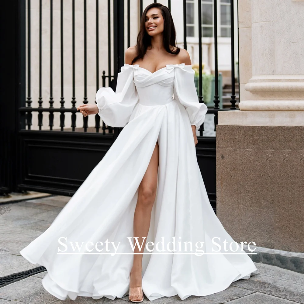 

Modern Wedding Dress New Arrival Customized V Neck Puff Sleeves Pleat Bow High Slit Satin Bridal Gown Vestido De Noiva