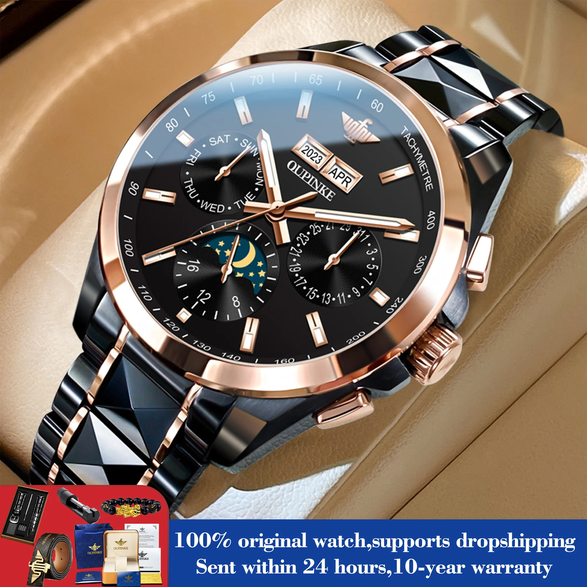 

OUPINKE 3238 Auto Date Mechanical Watch For Men Moon Phase Sapphire Mirror Man Hand Clock 50M Waterproof Luminous Dress Watches