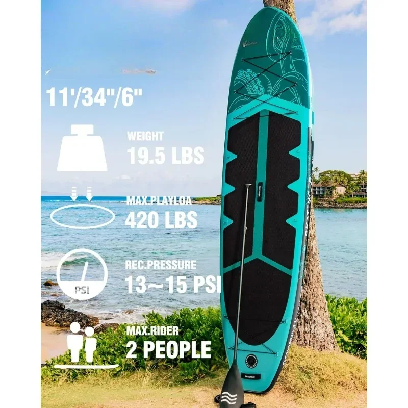 11'x34'' Extra Wide Inflatable Paddle Board, Up to 420lbsPaddle Boards for Adults, Stable Stand Up Paddle Board, 2 People/Family