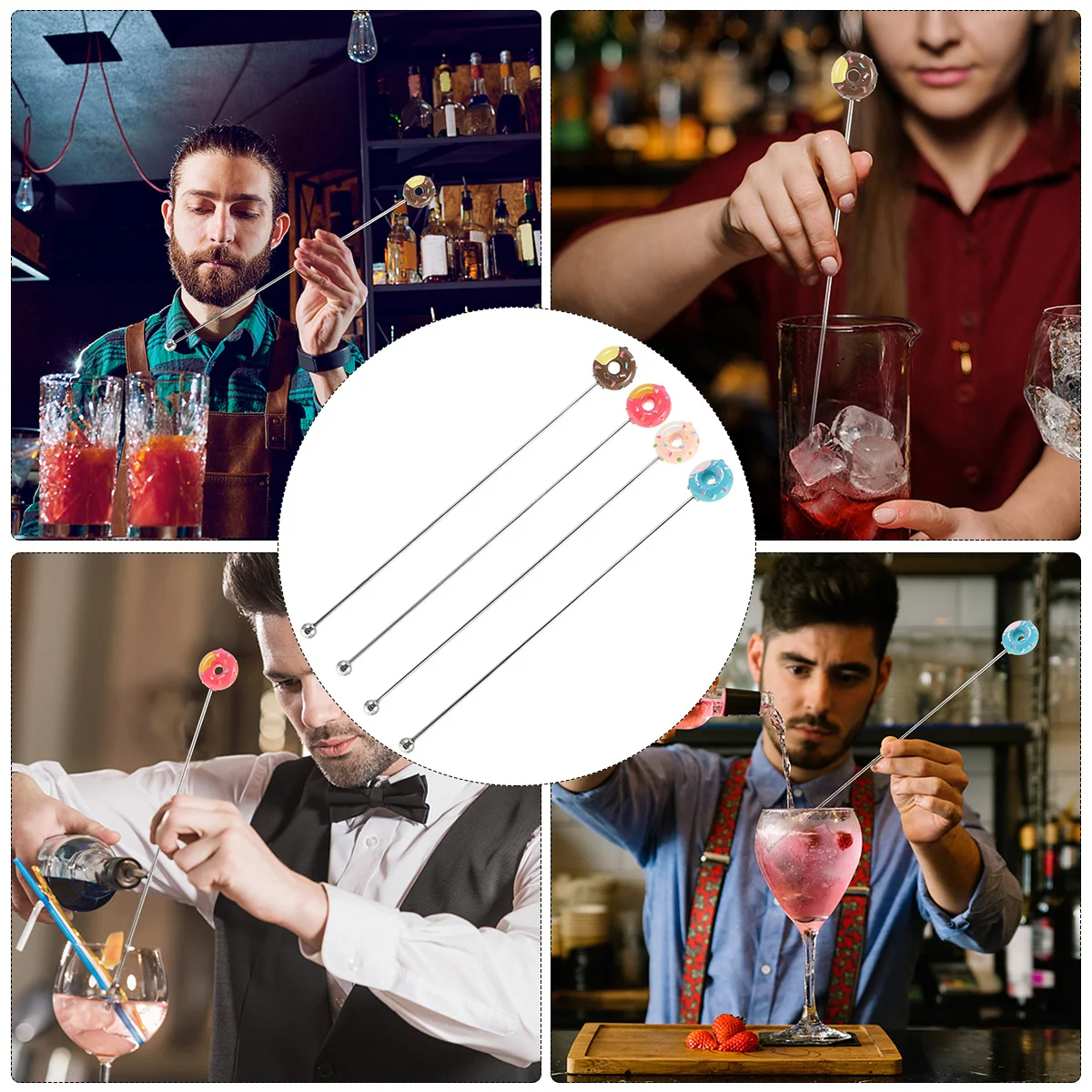 

4Pcs Creative Donut Shape Stirrer Premium Stainless Steel Resin Cocktail Coffee Stirrer Multipurpose Bar Restaurant Pub Set