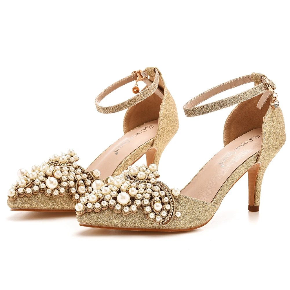 Crystal Queen Sexy Women Sandals 7cm tacchi alti Beige Pearl scarpe da sposa Bridal Glitter Fetish Stiletto Gold Pumps