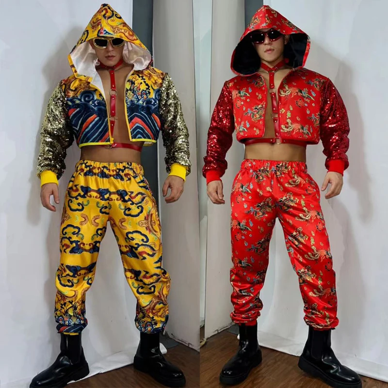 

Men Vintage Sequins Sleeves Jacket Pants Chest Strap Sexy Gogo Dancer Costumes Jazz Outfit Male Ds Dj Party Rave Wear XS7014
