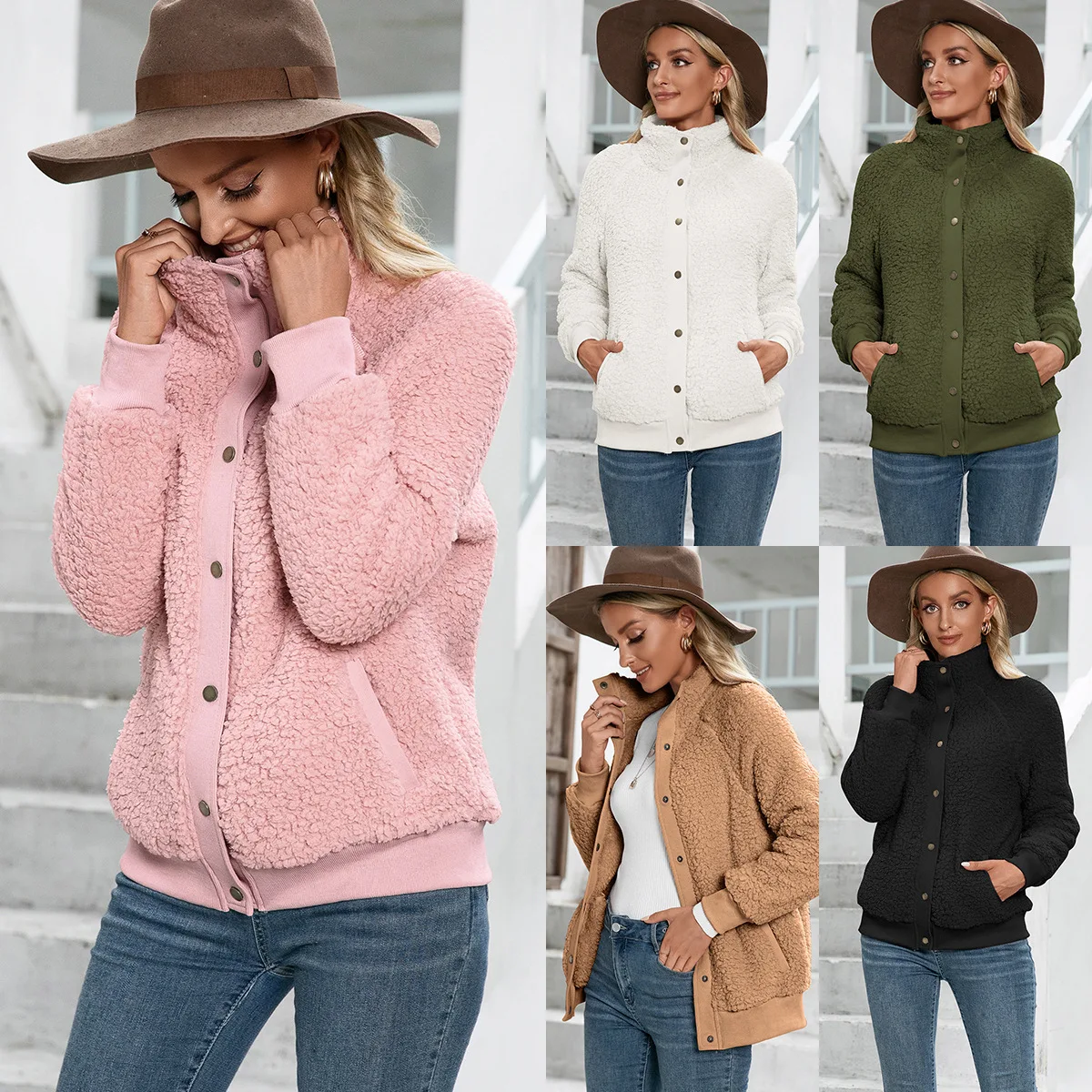 

2022 Autumn Winter Jackets and Coats Buttons Front Double Face Lamb Wool Warm Outerwear Solid Woman Jackets Casual Fleece Coats