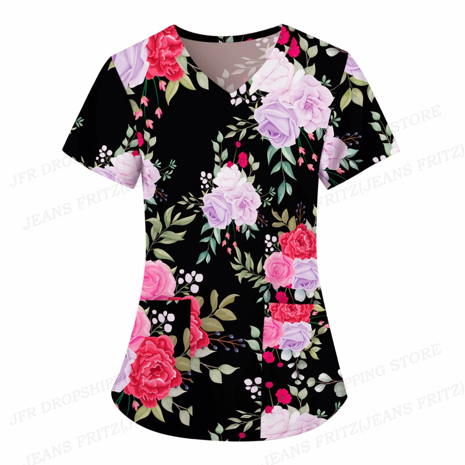 Women Nurse Uniform Flower 3d Print V-Neck Pocket Medical Uniforms Cartoon Cat Nursing Scrubs Tops Uniforme enfermera