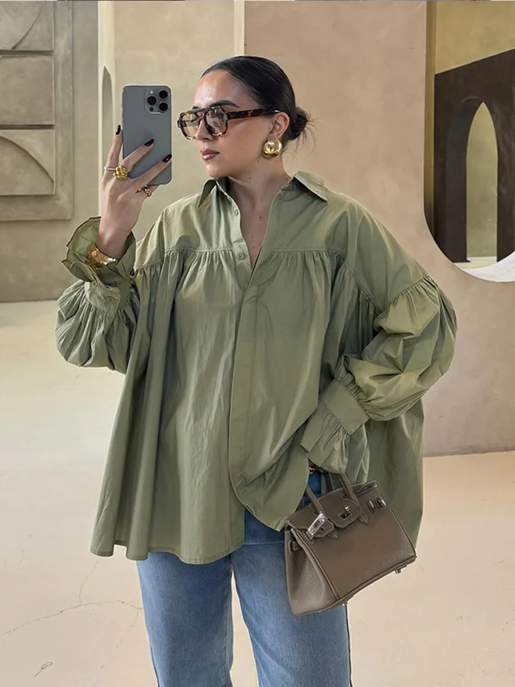 

Women's Loose Turndown Collar Shirts Long Flare Sleeve Pleated Button Lady Blouse 2025 Summer Autumn Female Top Street Clothes