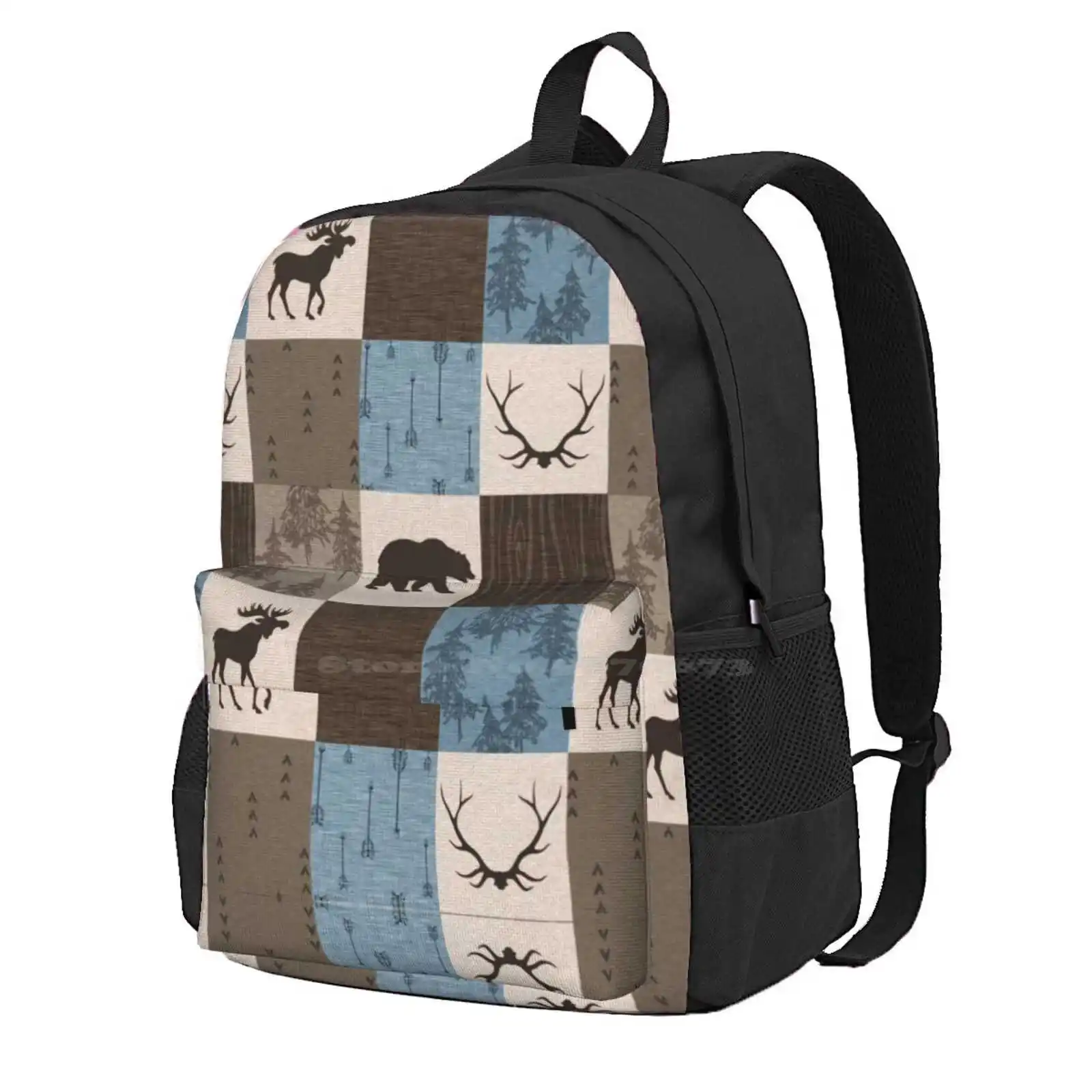 Woodland Patchwork- Blue, Brown And Beige Hot Sale Schoolbag Backpack Fashion Bags Patchwork Moose Bear Deer Antlers Woodland