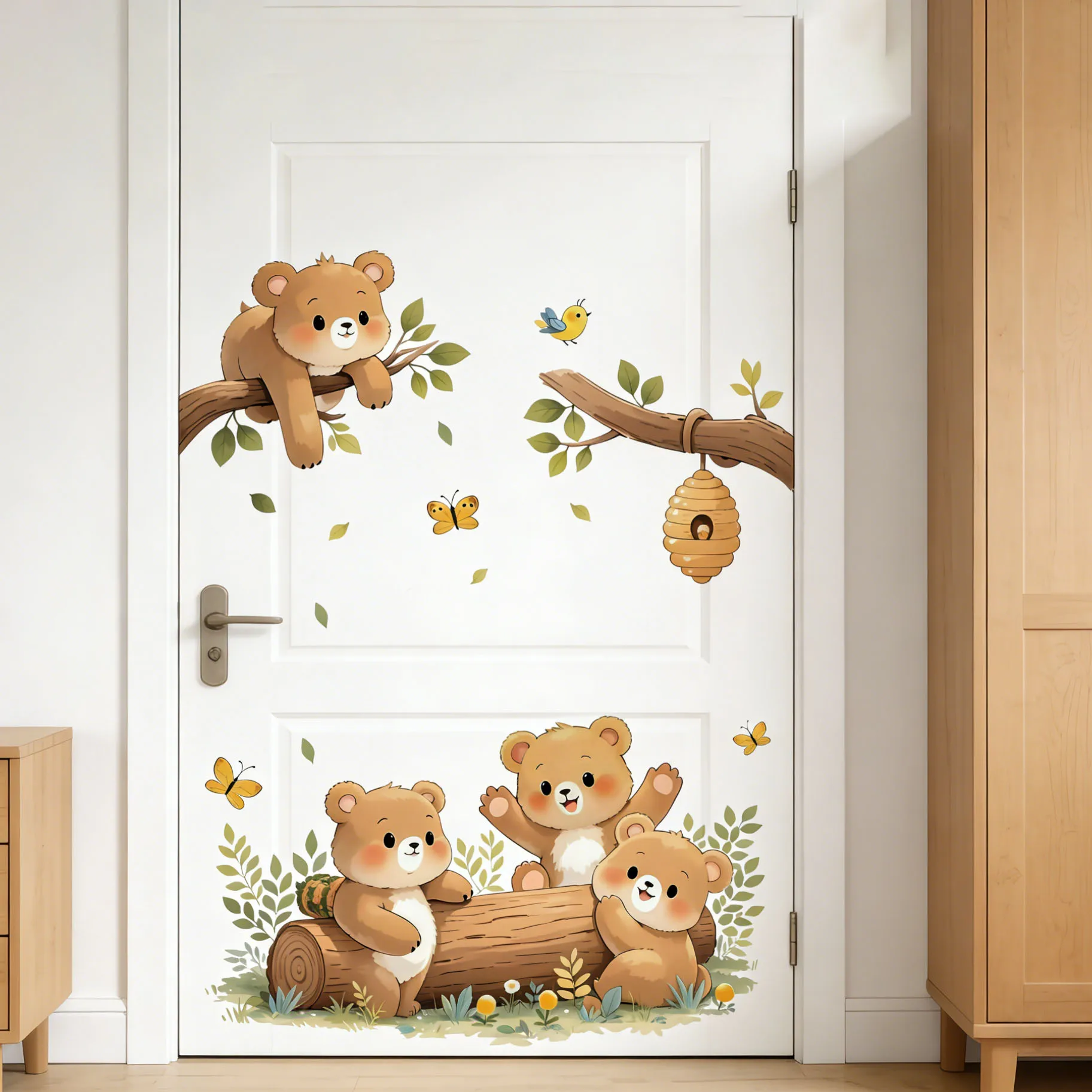 Cute Teddy Bear Family Wall Stickers, Woodland Animal & Tree Branch Decals for Kids Nursery