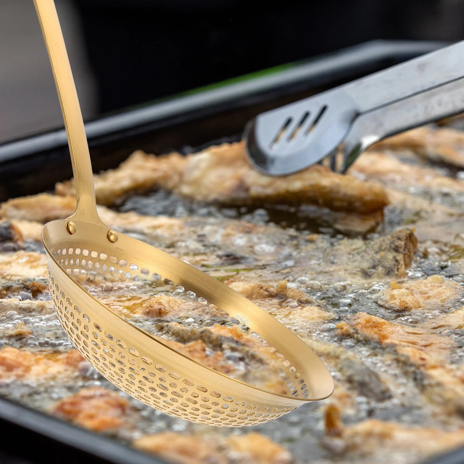 

1pc Stainless Steel Skimmer Spoon Long Handle Frying Strainer Cooking Tool For Oil Water Separation Kitchen Utensil Yellow