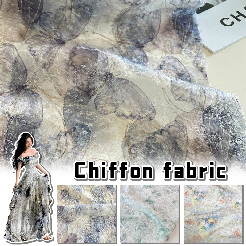 100x145cm Chiffon Printed Fabric Watercolor Tulip Butterfly Jacquard French Retro Fabric Women's Dress Clothing DIY Sewing Cloth