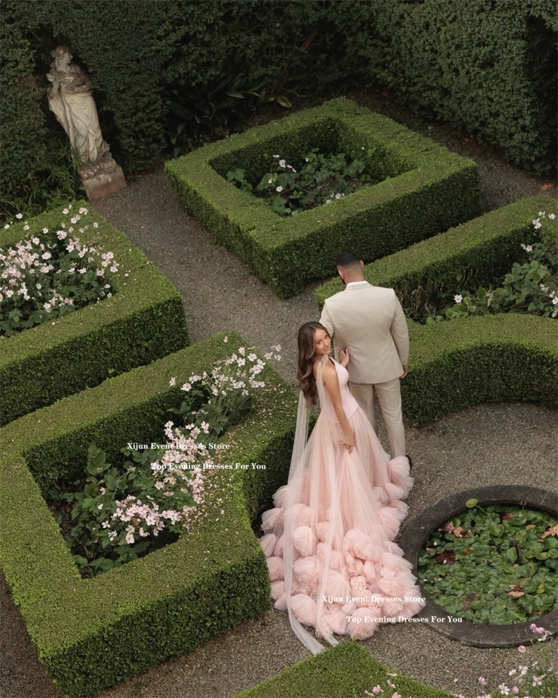 

Xijun Gogerous Pink Long Evening Dresses A-Line 3D Flowers Ruffles Prom Dresses Sleeveless Formal Prom Gowns Prom Gown Customize