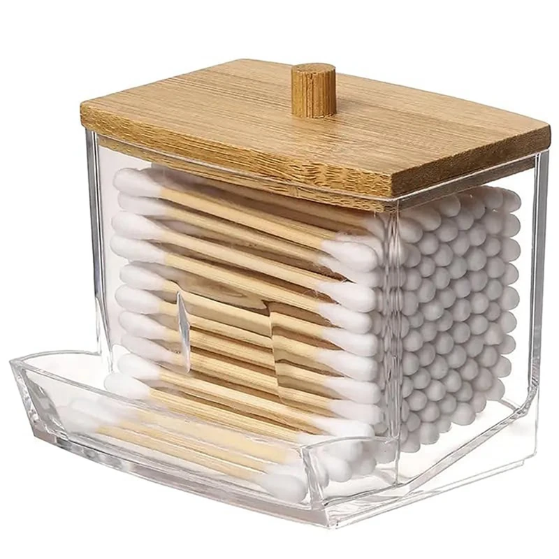 2 PCS Cotton Swab Storage Tank Bathroom Counter Box With Bamboo Cover In Bathroom