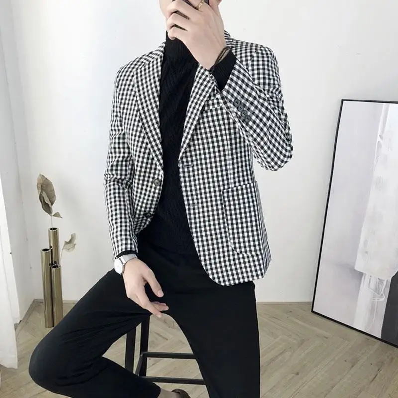 Men\'s Suit Jackets Plaid Single Breasted Brown Coat Summer Elegant Fashion 2024 Male Blazer Casual Menswear Spring Clothes New