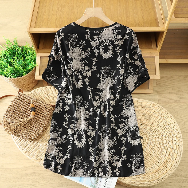 Summer New Fashion Vintage Style T-Shirt with Button Detail Asymmetrical Slit Design Slimming Meat Covering Trendy Long Sleeve