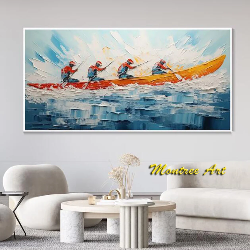 Hand Painted Oil Painting Original Kayaking Sports Wall Art Sea Surfing Landscape Art Large Blue Ocean Canvas Oil Painting