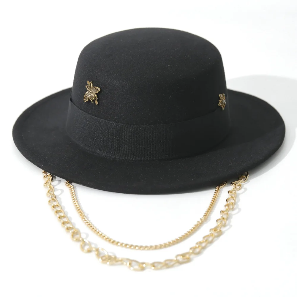 New Chain Design Felt Hat, French Flat Top High Quality Fedora with Bee Decor, Jazz Hat Cross Border