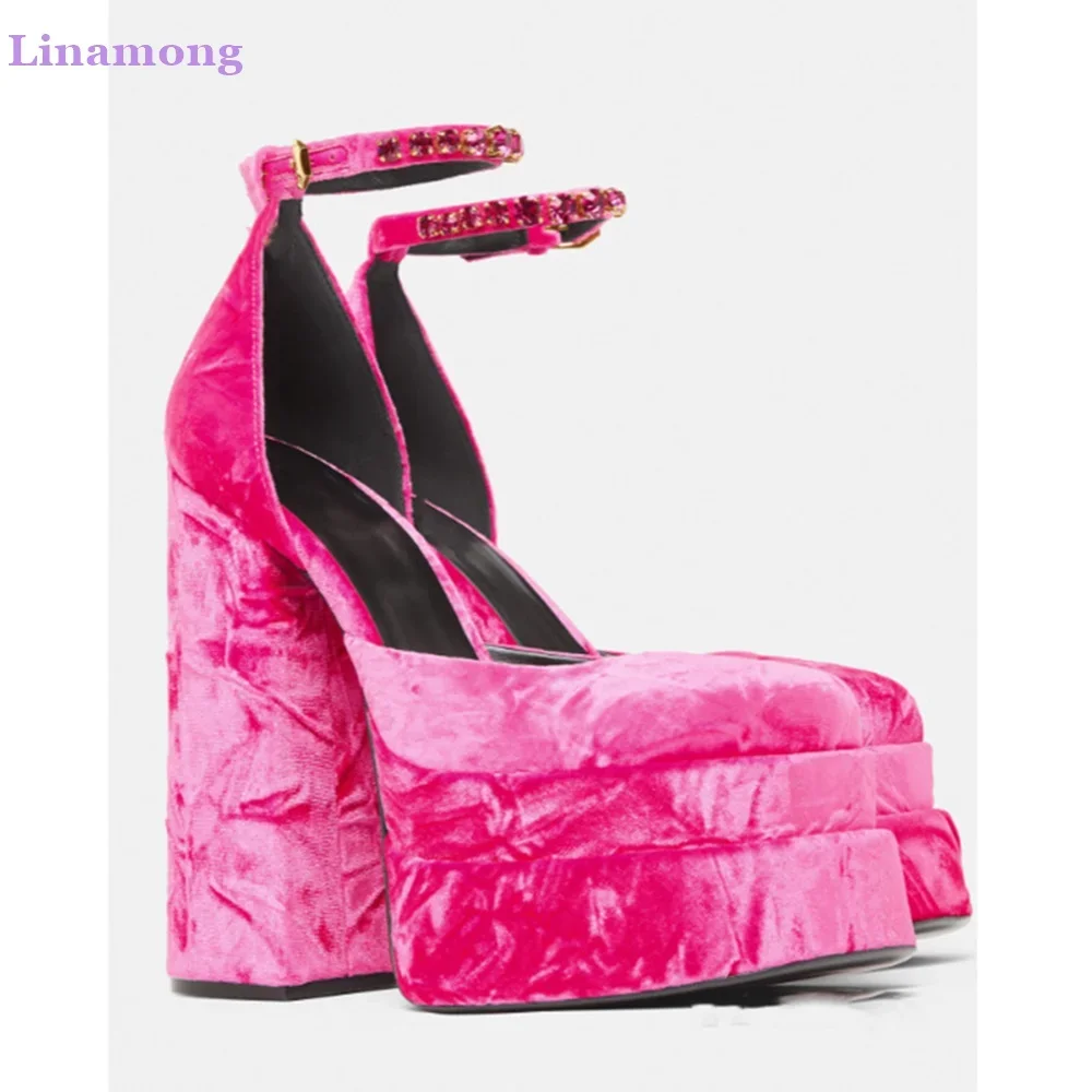 

Suede Fabric Platform Square Heel Pumps For Female Women Ankle Crystal Buckle Design Fashion Elegant Shallow Solid Girl's Shoes