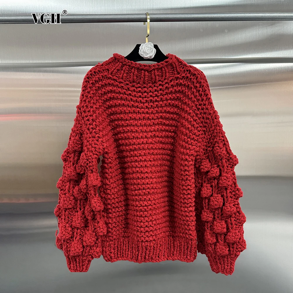 

VGH Red Minimalist Loose Knitting Sweaters For Women Round Neck Long Sleeve Casual Pullover Sweater Female Clothing Style New