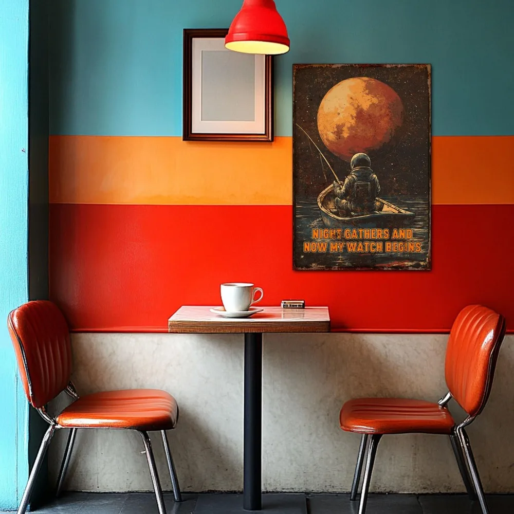 RetroNightWatchSign Night Gathers and Now My Watch تبدأ علامات القصدير - طباعة فنية جدارية معدنية عتيقة، ديكور لوحة من القصدير للغرفة