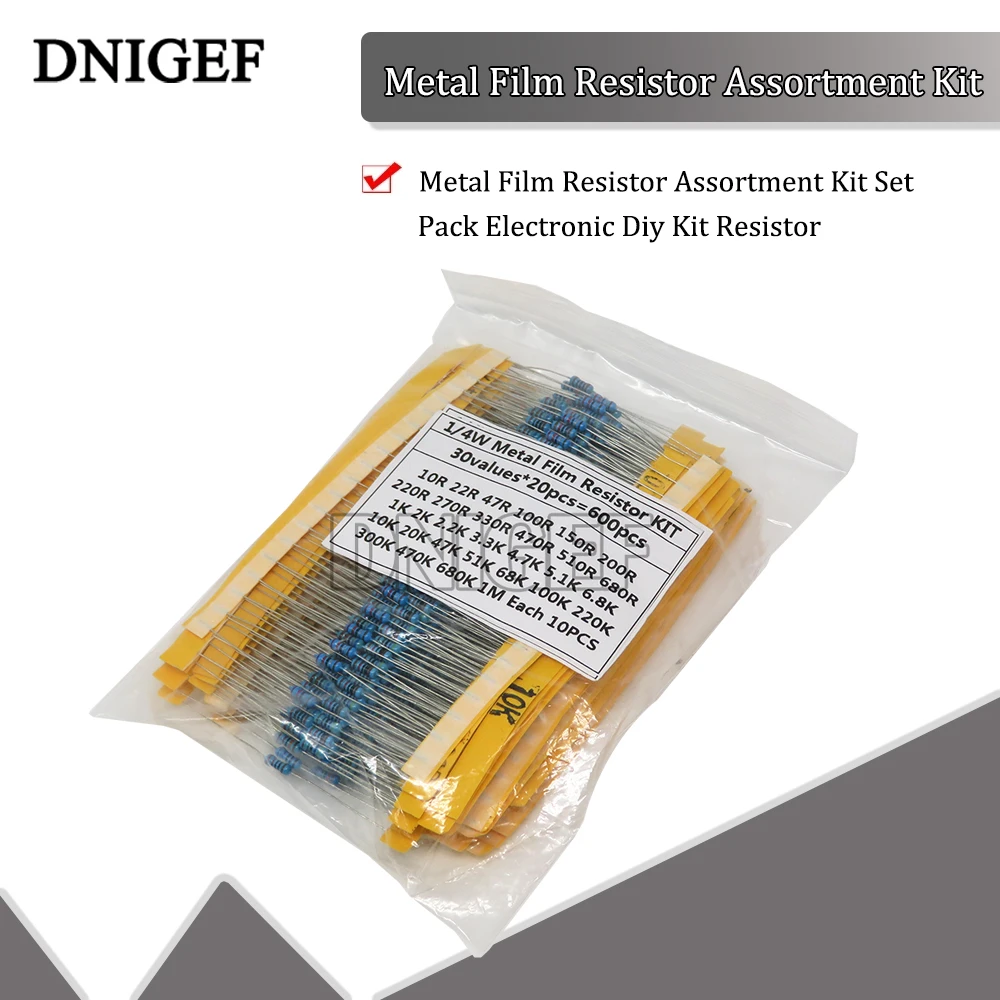 600PCS 1/4W 1% 30 Values*20PCS Metal Film Resistor Assortment Kit Set Pack Electronic Diy Kit Resistor