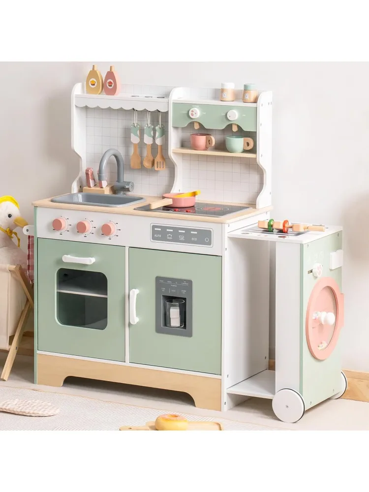 

Wooden Play Kitchen Set for Kids Toddlers, Pretend Kitchen Playset with BBQ Grill, Ice Maker, Coffee Machine, and Accessor