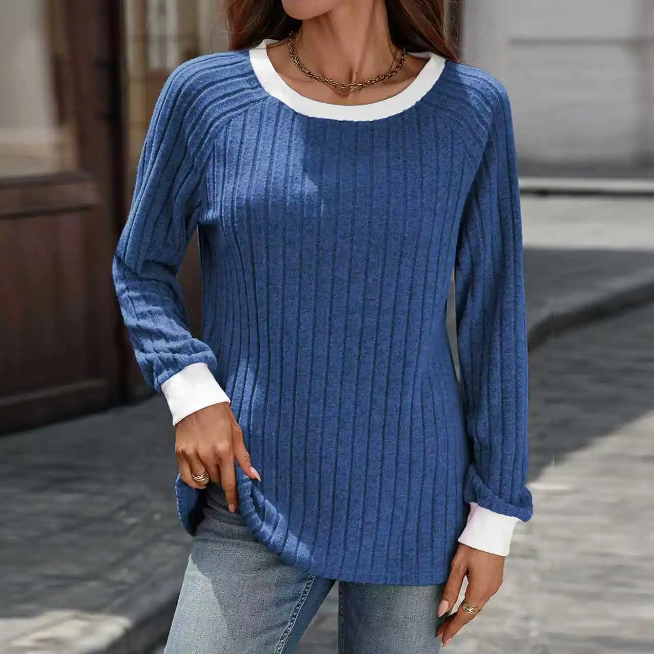 ربيع الخريف اللون منعت جولة الرقبة محبوك أعلى المرأة طويلة الأكمام السترة اليومية عارضة تي شيرت