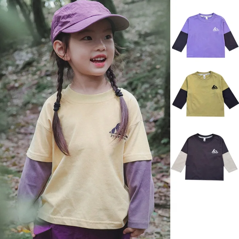 

Children's Long Sleeved T-shirt 2025 Autumn New Color Blocked Fashion Cute Girl Base Shirt Pure Cotton Baby Casual Outdoor Top