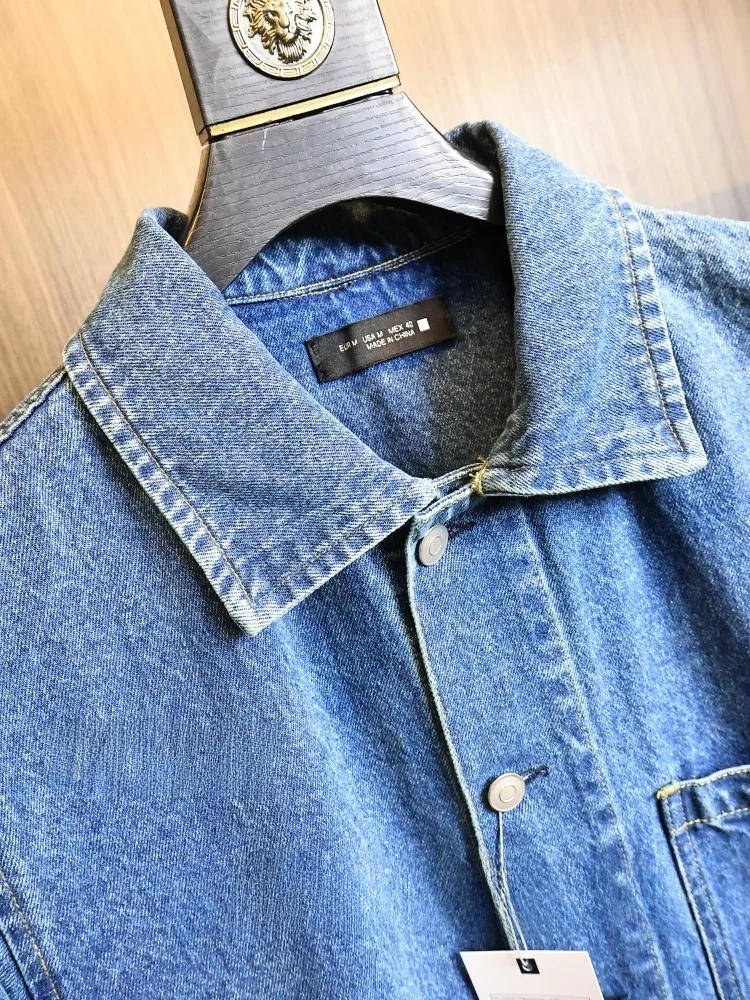 Heavyweight Washed Denim Jacket Spring Men's  Natural Retro Fashion Collar Stand up Casual Style Long Sleeve Pure Color