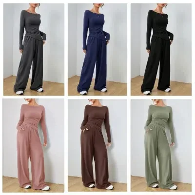 Trend Slim Solid Color Pants Sets Women Simple Bodycon Irregular T Shirt Wide Leg Trousers Two Piece Set Casual Summer Lady Suit