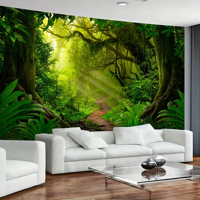 1PC Green Forest Sunlight Path Print Backdrop Banner, Bedroom Living Room Photo Background, Polyester, Home Decor, Wall Art
