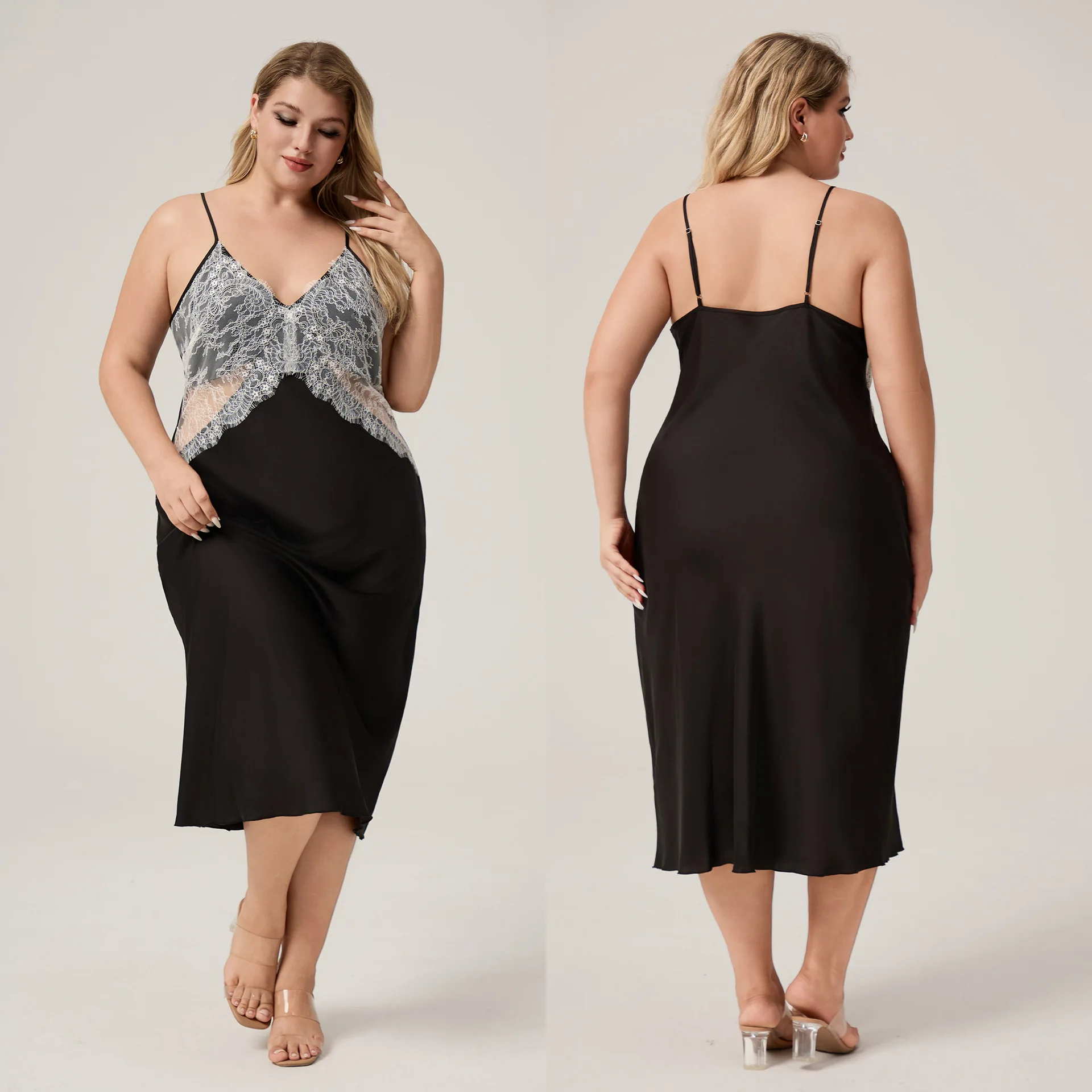 

Sexy Backless Nightgown Suspender Lace Applique Nightdress Home Dressing Gown Summer Satin Sleepwear Nighty