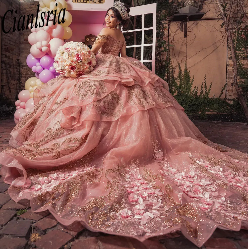 Pink Sweetheart Shiny Quinceanera Dresses 2023 Ball Gown Crystal Vestidos De 15 Años Flowers Beaded Evening Party Dress