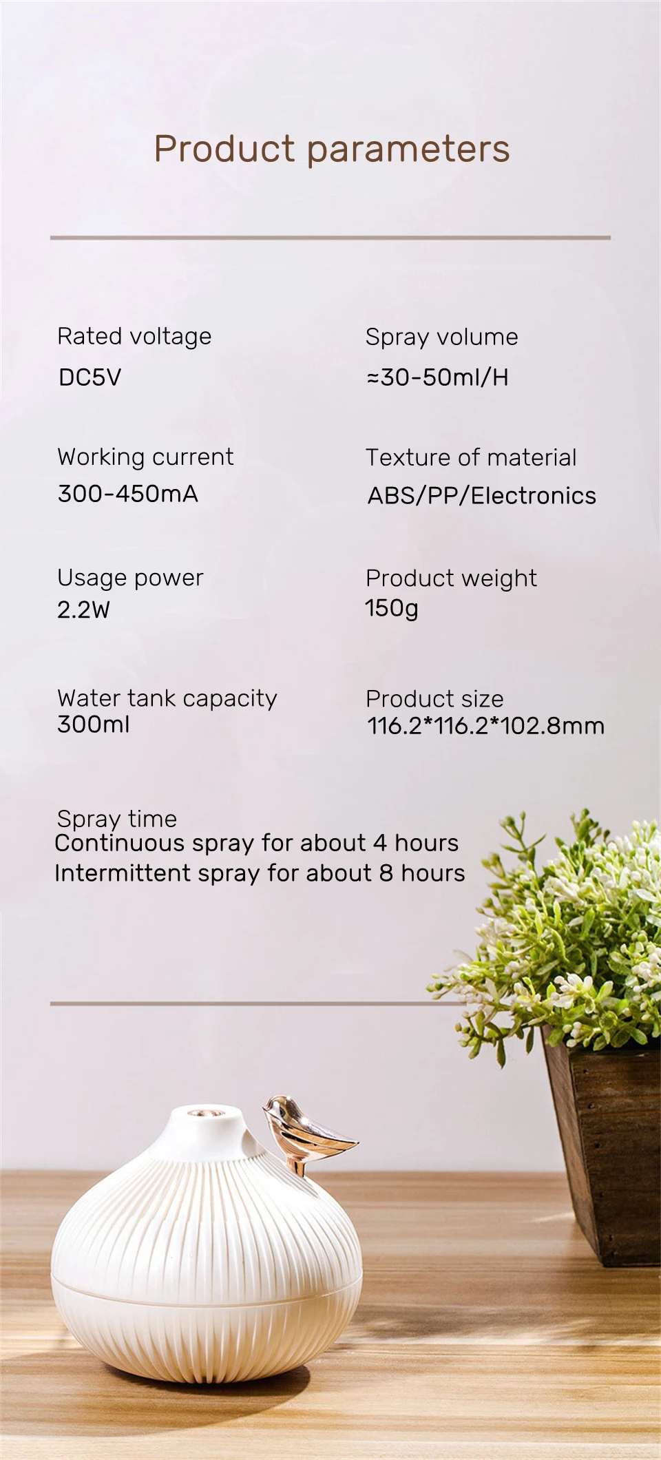 300ml USB Air Humidifier Mini Water Aroma Diffuser with Warm LED Night Light for Home Room Ultrasonic Cool Mist Humidificador