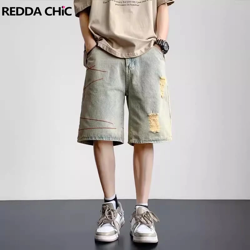 

REDDACHIC Line Embroidered Men's Denim Shorts Hiphop Frayed Destroyed Wide Leg Pants Loose Casual Jeans Jorts Korean Streetwear