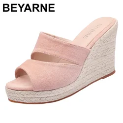 BEYARNE top sprzedaje sandał na koturnie letnie buty damskie naturalna juta tkane na platformie na wysokim obcasie seksowne pantofle na co dzień