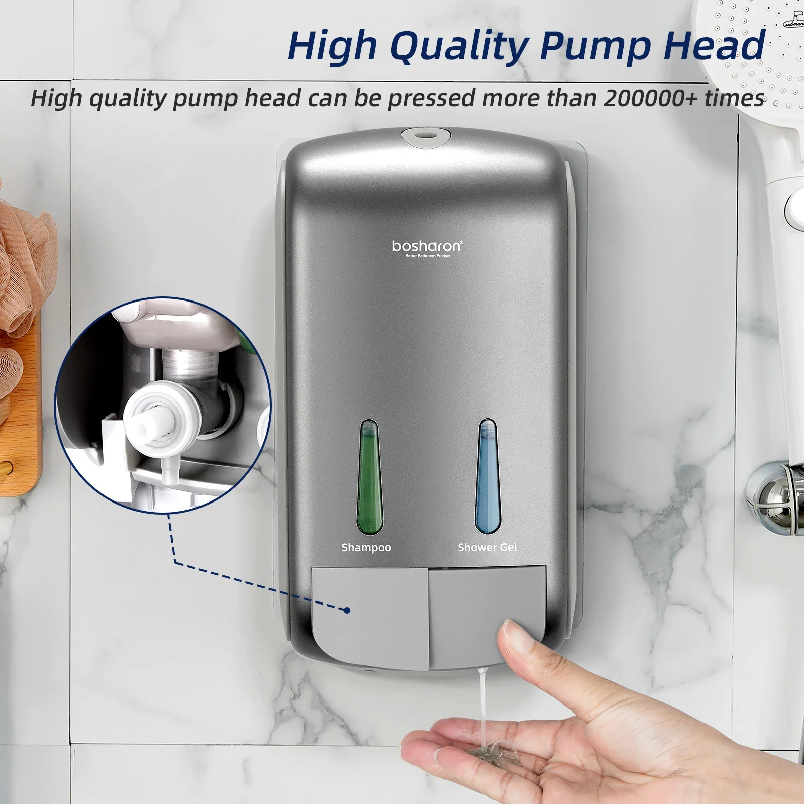 2-in-1 Shower Shampoo Soap Dispenser No Drill Wall-Mounted Shower Pump Soap Dispenser 2 Chamber Body Wash Dispenser for Bathroom