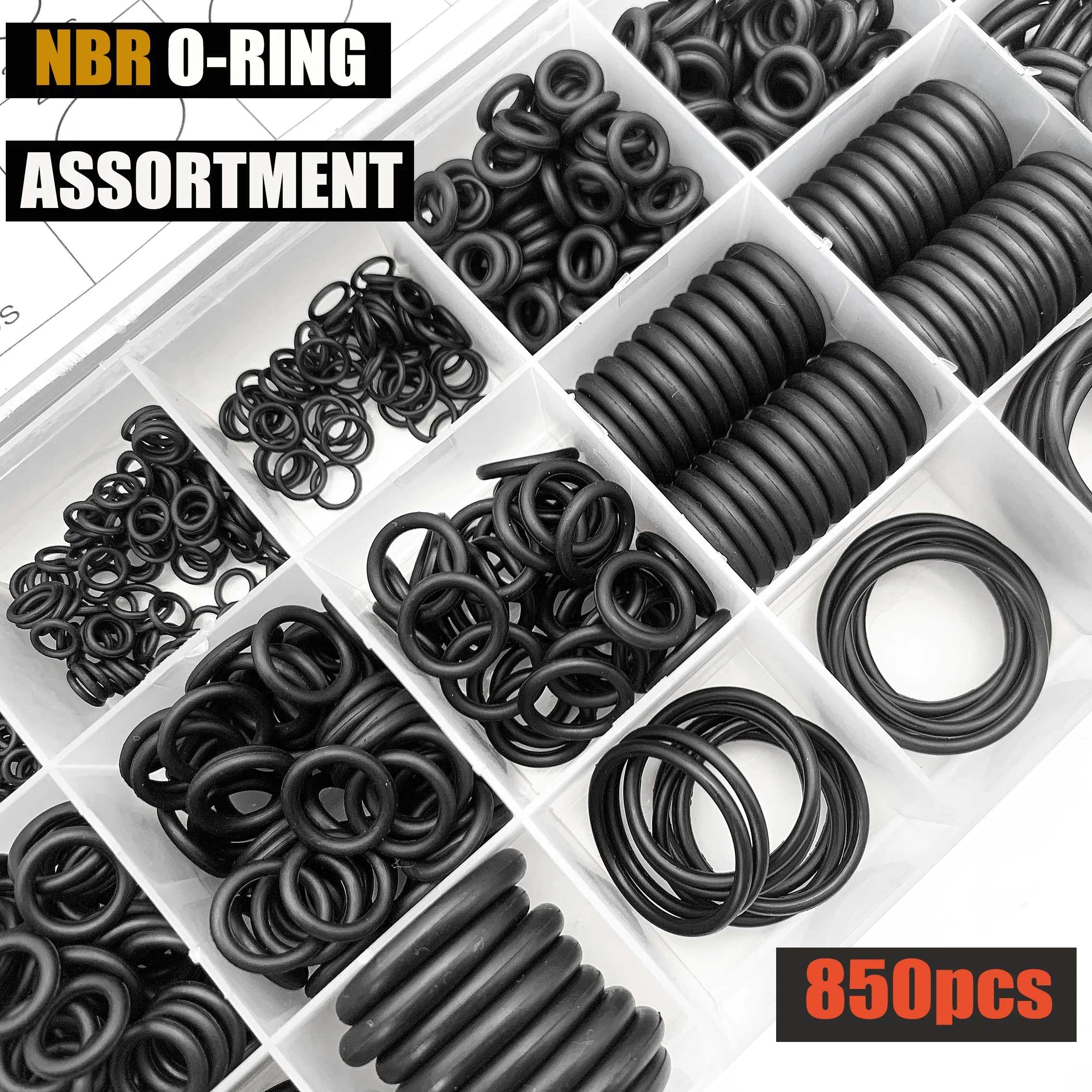 

Nitrile Rubber O Ring Assortment Set 850Pcs Black NBR Thinkness CS 1mm-4mm OD 3mm-27mm Oil-Resistant for Auto & Industrial Use