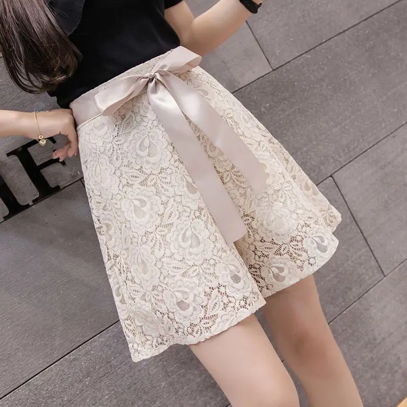 Summer Lace Shorts 2024 New Women Lace Ribbon Bow Wide Leg A-line Shorts Korean Style Sweet Casual Shorts Female Flower Culottes