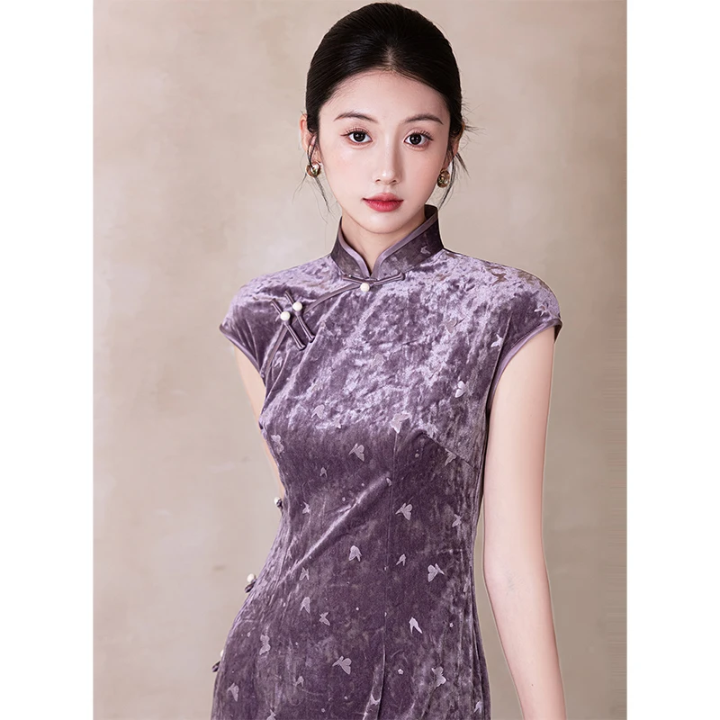 

Ele Purple Velvet owbiz Performance Daily Wear ort Sve Длинное Ципао с низким разрезом и цветочным узором