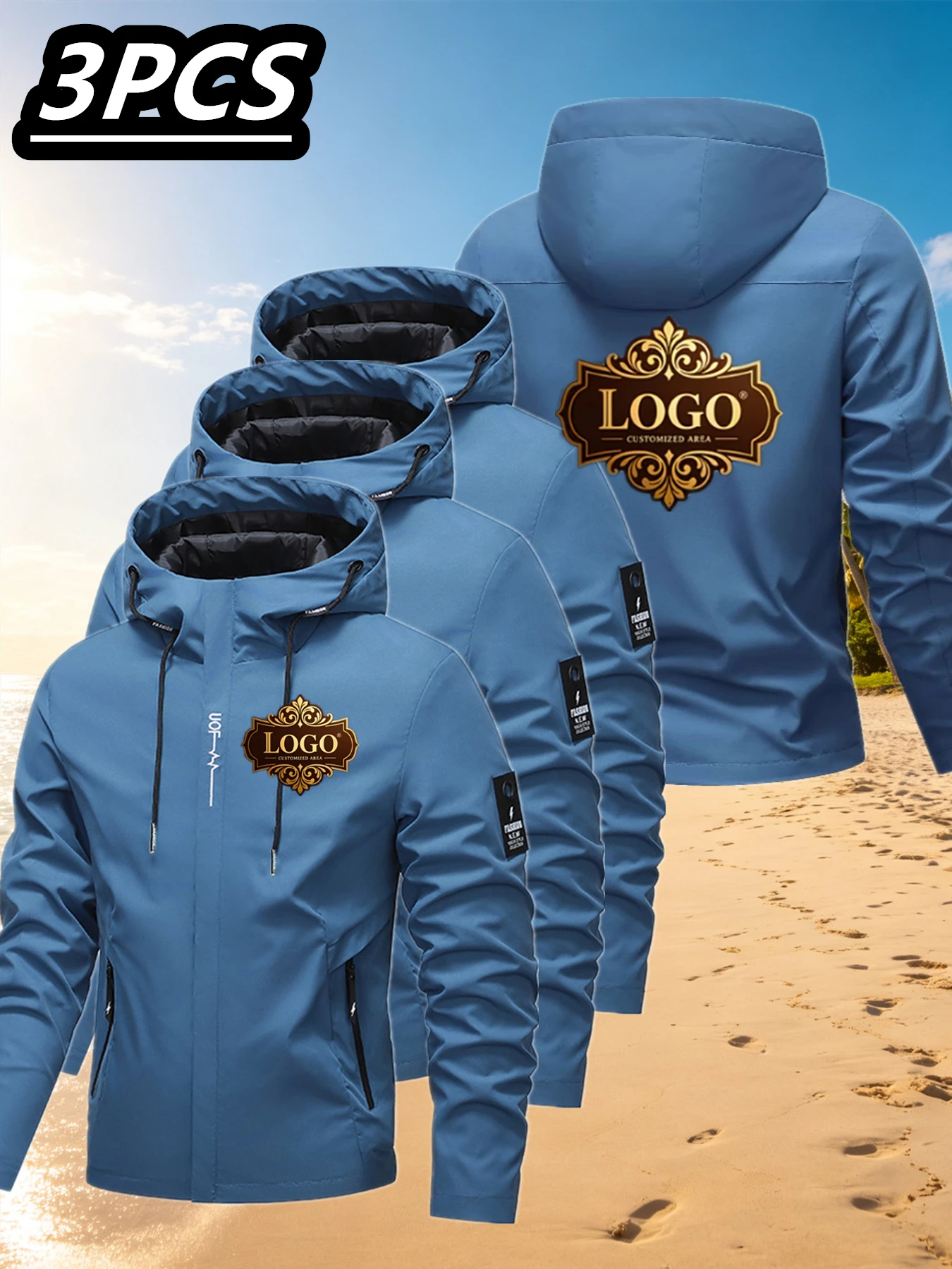 3-piece custom team workwear jacket with printed logo for use in stores, exhibitions, or team-building events, featuring a windp