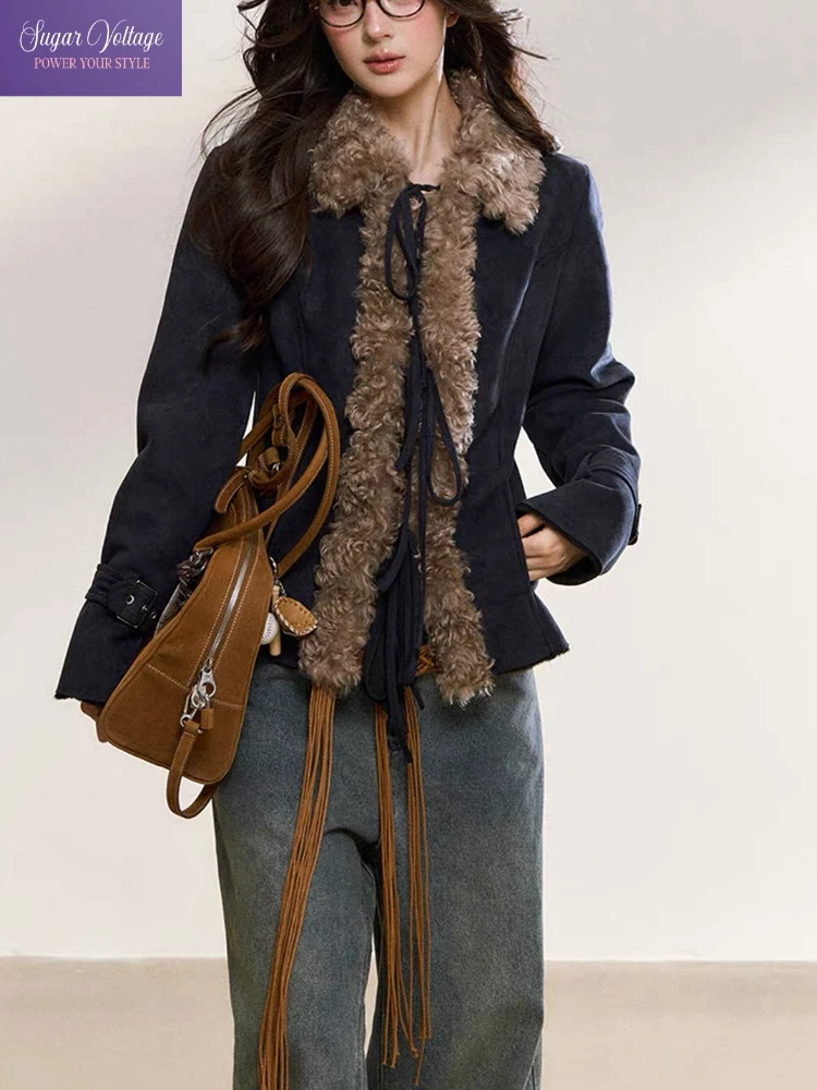 

Vintage Faux Fur Collar Short Jacket Women Autumn Winter Retro Elegant Cropped Coat Slim Fit Waist Tie Design Warm Outerwear