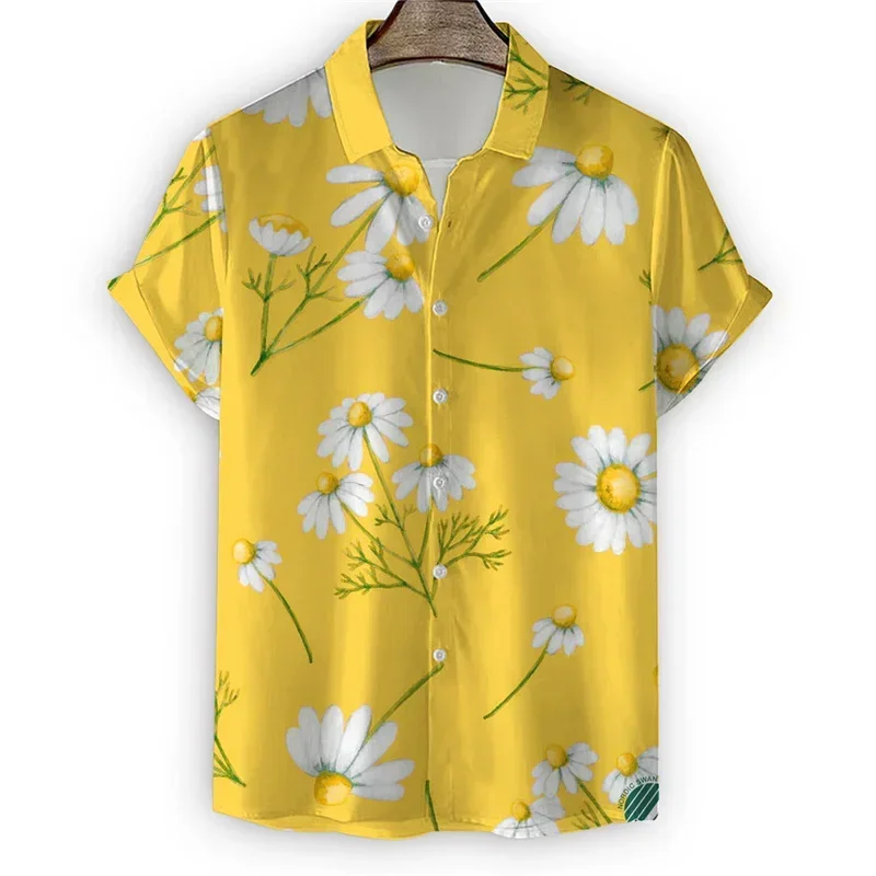 Small daisy print men's short sleeve shirt hawaiian casual comfortable lapel men's tops loose street fashion shirt summer