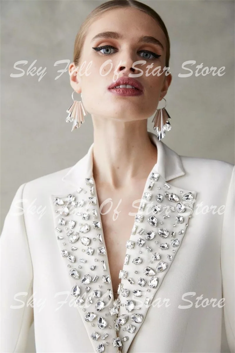 White Rhinestone Lapel Women Suit Set 2 Pcs Blazer+Straight Pants Customized Formal Wedding Bride Office Lady Evening Party Coat