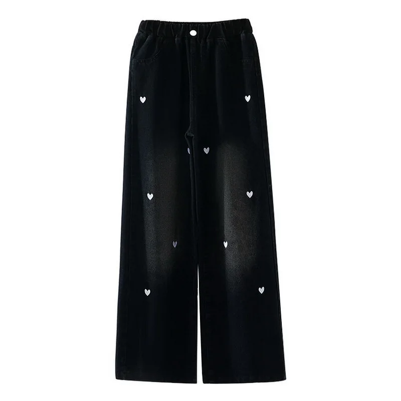 New Fashion Teenager Girls Denim Wide Leg Pants Children Trousers Spring Autumn Love Pattern Girls Jeans 5-14 Years Kids Clothes
