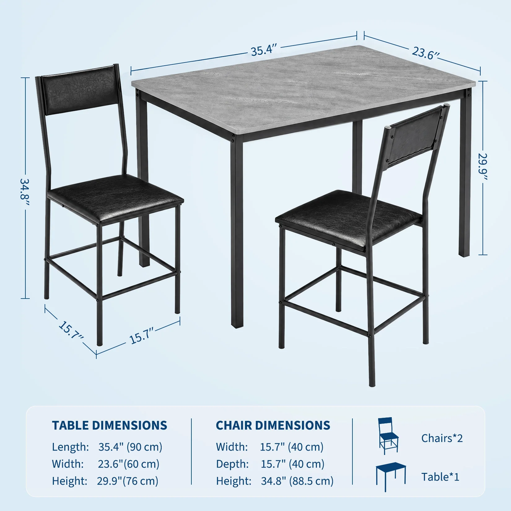 Industrial 3-Piece Dining Table Set for 2, 35.4