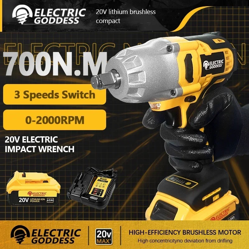 

1/2 Inch 700N·M Cordless High Torque Wrench Brushless Impact Wrench Lithium Electric Drive Auto Repair For 20V Dewalt Battery