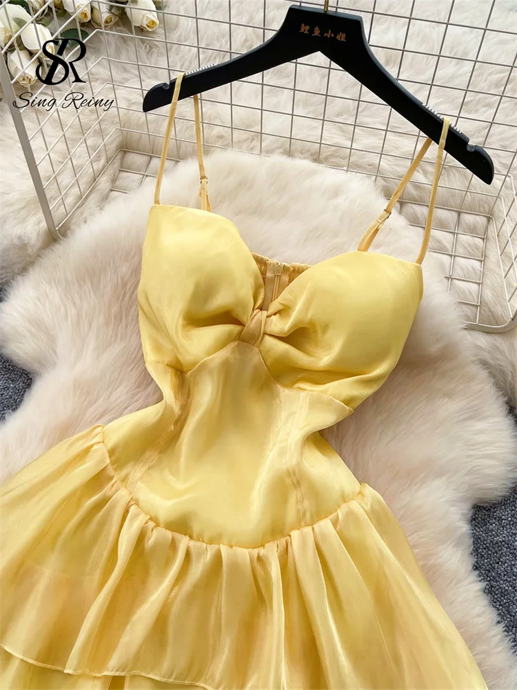 SINGREINY Shiny Chiffon Party Dress French Fairycore Slim A-Line High Waist Zipper Shirred Women Summer Vacation Cake Long Dress - Image 3