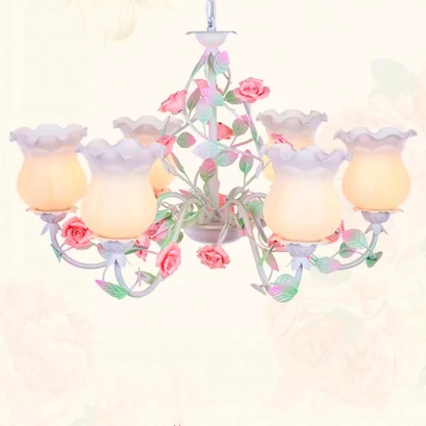 Modern White Pink Rose European Chandelier Lighting Decorative Pendant Hanging Lamp Iron Crystal Chandelier Dining Room Lighting
