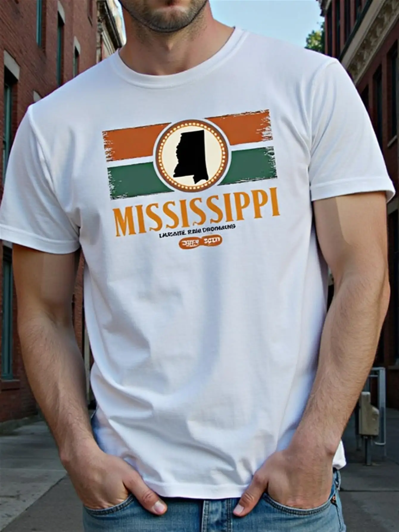 

T-Shirt with a Firm Mississippi Text and State Outline, Lightweight 100% Cotton, Regular Fit, Crew Neck Shirt for Men, Mississippi Birthday Gift, Everyday Casual Wear, Mississippi State Emblem Clothing, Holiday Clothing, Striped Design