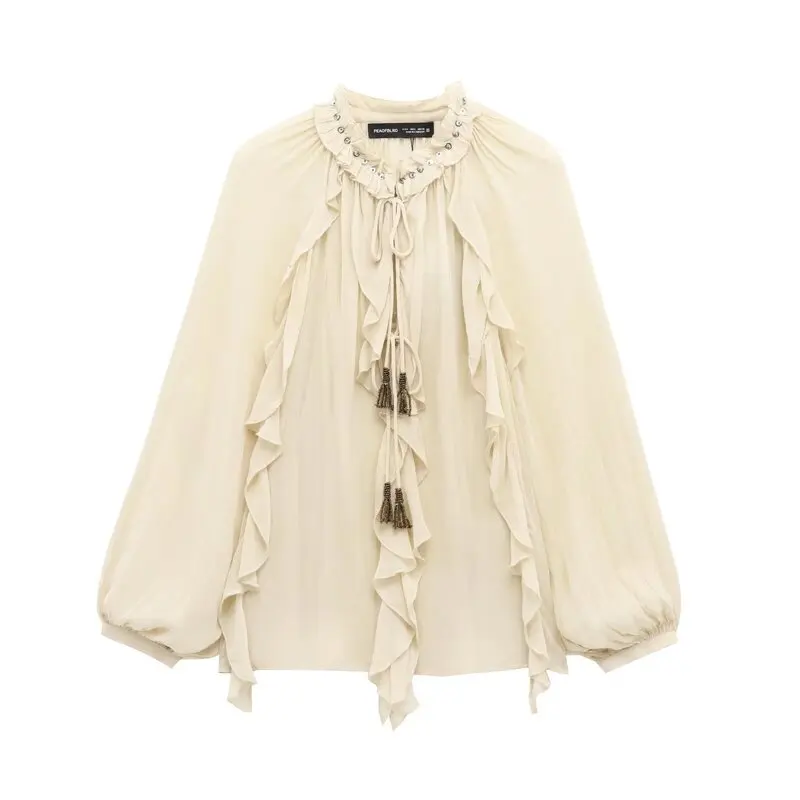 

Romantic Sle Long Sve Casual irt Women's Faion Layered Decoration New Arrival Winter 2024 Loose Fit Stand Sve